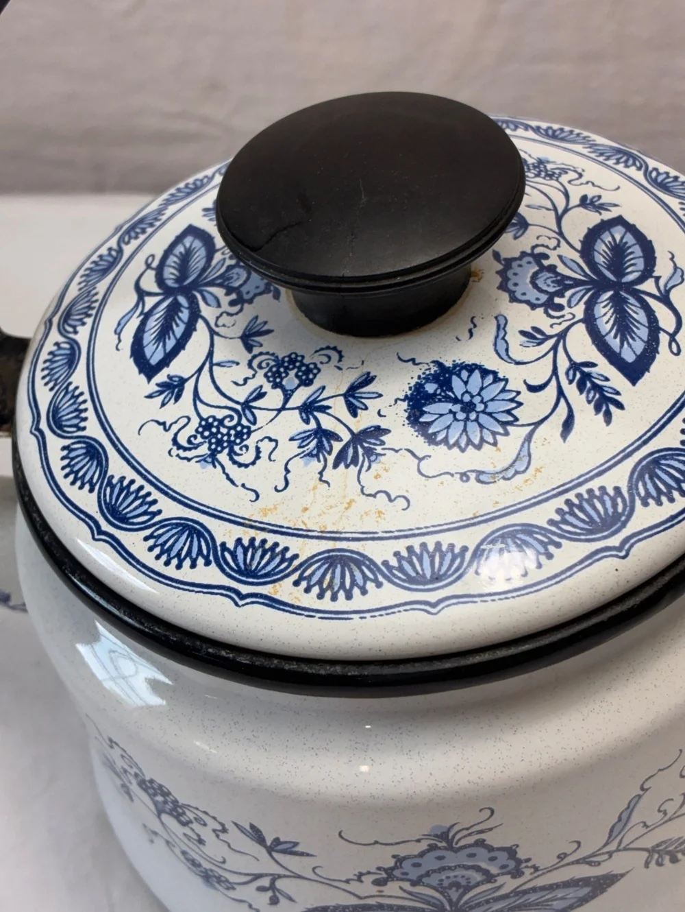 Vintage Blue and White Floral Enamelware Teapot Kettle with Black Handle